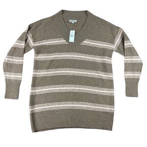LOFT Sweater Womens Medium Brown Pink Striped V-Neck Pullover Knit Long Sleeve